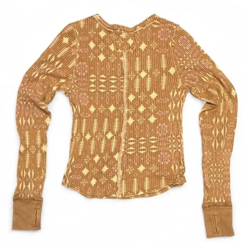 Free People Latte Combo Geometric Waffle Knit Long Sleeve Top